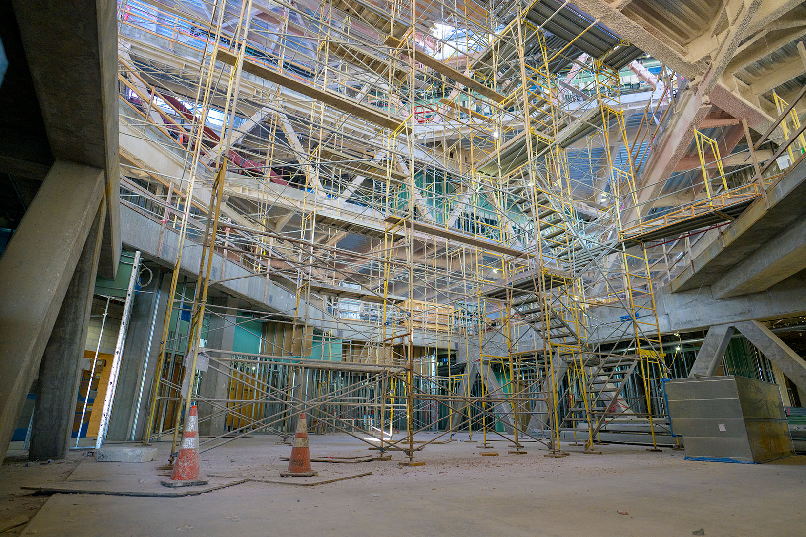 Interior of the continuing construction of the Robert Day Sciences Center.