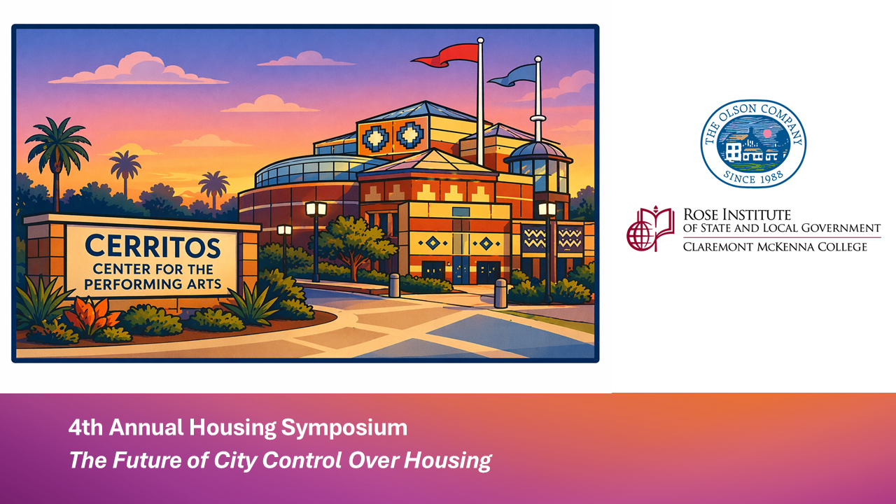 Colorful rendering of Cerritos Center for the Performing Arts with The Olson Company and Rose Institute logos and the title of event "4th Annual Housing Symposium"